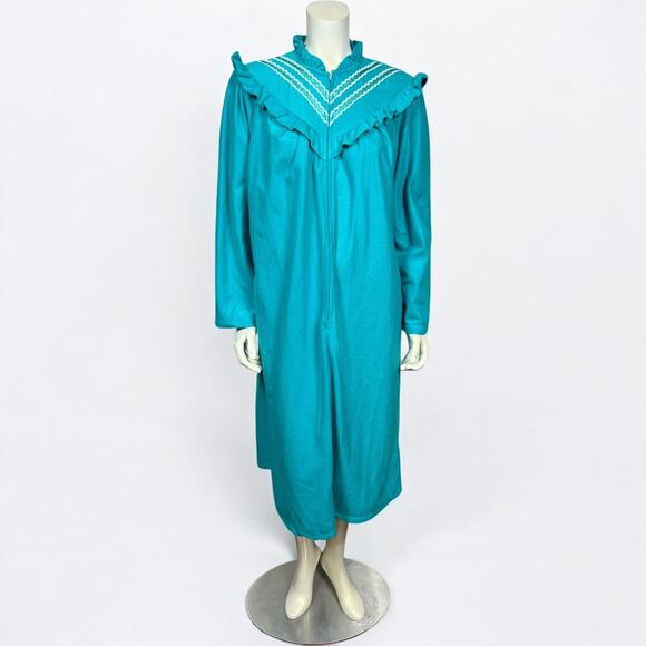 Vintage Teal Zip-Front Robe Nightgown with Lace Trim and Ruffle Details - Large - Picture 1 of 7